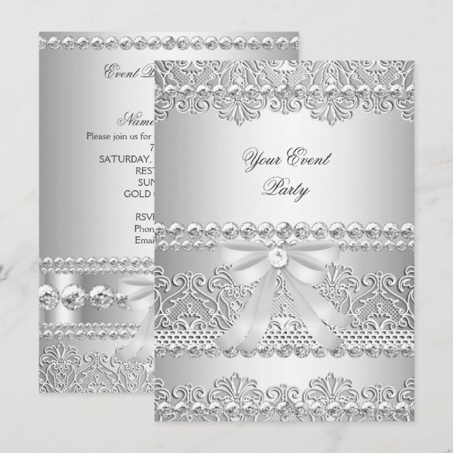 Invitación Elegante fiesta de encaje blanco con diamantes de  (Anverso / Reverso)