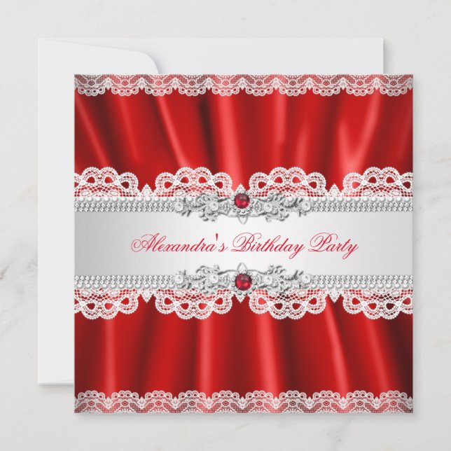 Invitación Elegante Fiesta de Encaje de Diamantes Perla Roja  (Anverso)