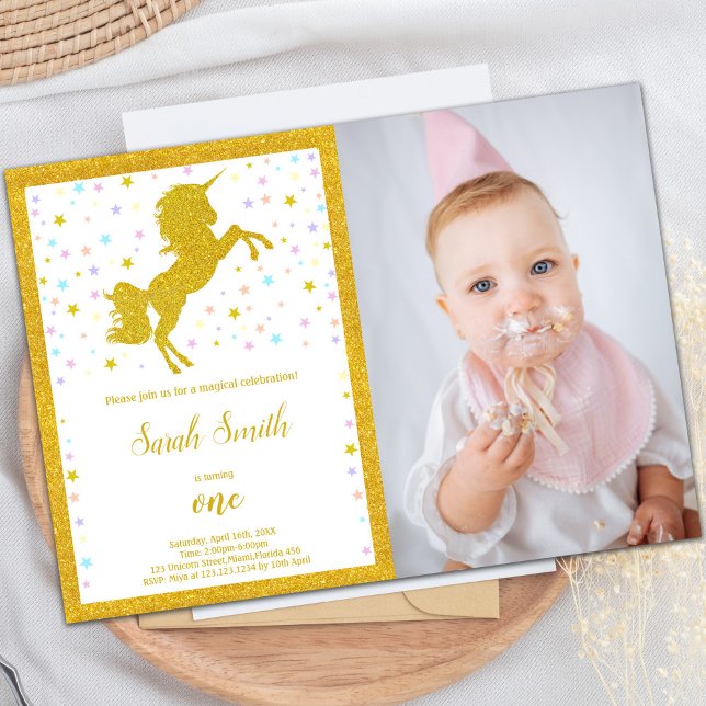 Invitación Elegante Fiesta de espuma para Chicas (Golden Unicorn Birthday Invitations with photo)