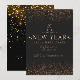 Invitación Elegante Fiesta de Eve Años Nuevos de Oro Negro de