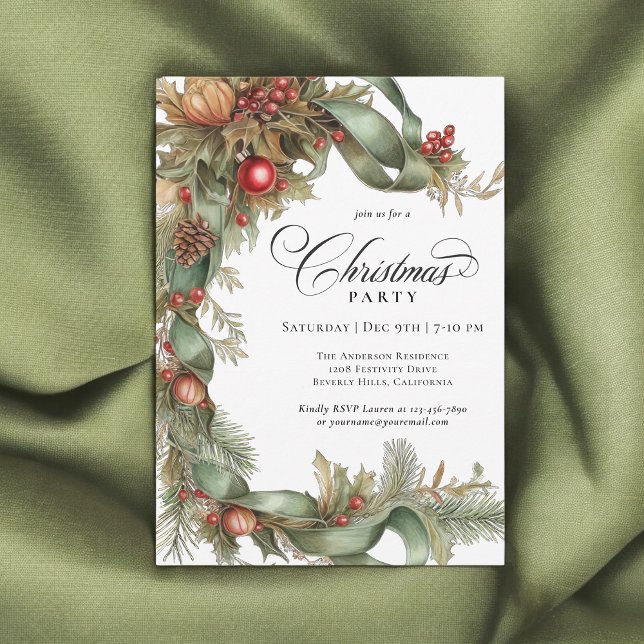 Invitación Elegante Fiesta de Evergreens y Navidades de Ribbo (Available in both printed and instant download digital formats.)