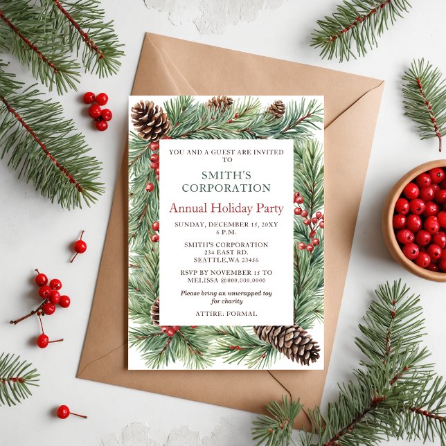 Invitación Elegante fiesta de feriado corporativo de Pine Ber (Elegant Pine Berries Corporate Holiday Party Invitation)