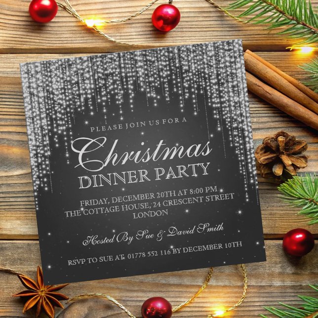 Invitación Elegante fiesta de feriado de los Navidades Dazzle (Elegant Dazzle Christmas Holiday Party Black Invitation)