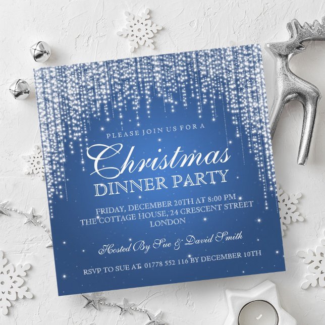 Invitación Elegante fiesta de feriado de los Navidades Dazzle (Elegant Dazzle Christmas Holiday Party Blue Invitation)