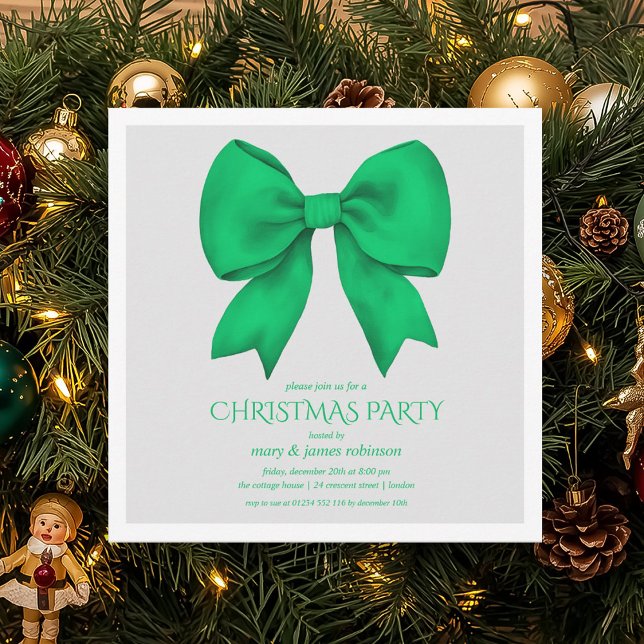 Invitación Elegante fiesta de feriado de los Navidades Green  (Elegant Green Bow Christmas Holiday Party Invitation)