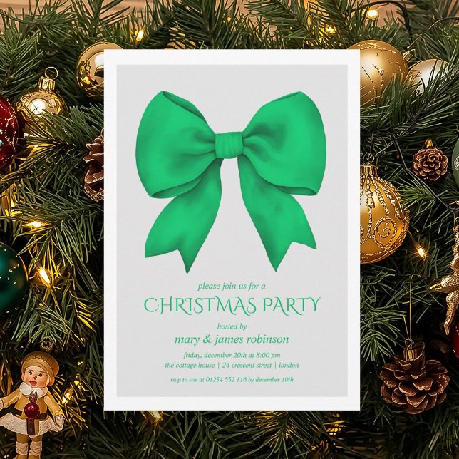 Invitación Elegante fiesta de feriado de los Navidades Green  (Elegant Green Bow Christmas Holiday Party Invitation)