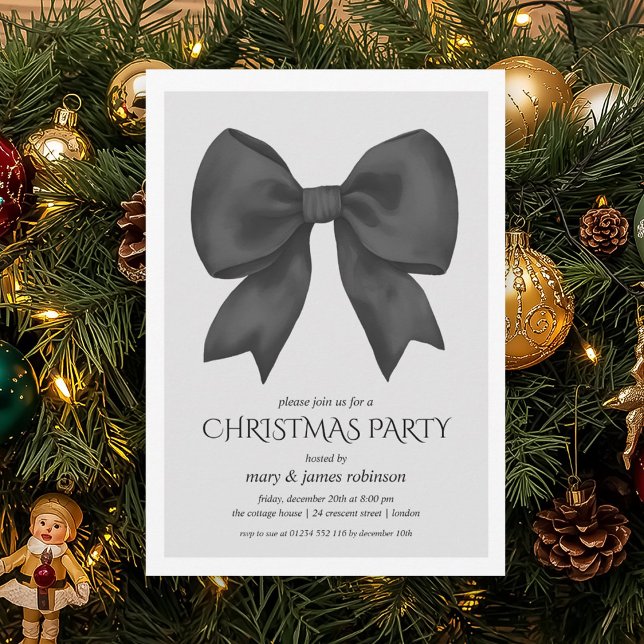 Invitación Elegante fiesta de feriado de Navidades Black Bow (Elegant Black Bow Christmas Holiday Party Invitation)