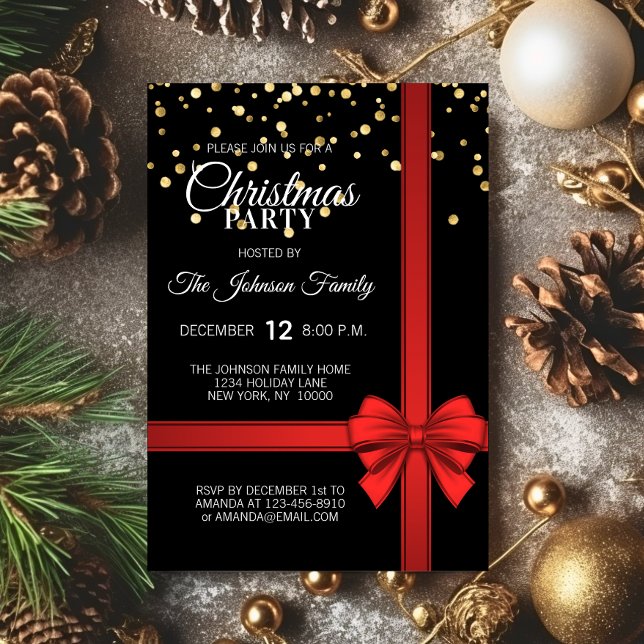 Invitación Elegante fiesta de feriado de Navidades Black Red  (Elegant Black Red Bow Christmas Holiday Party Invitation)