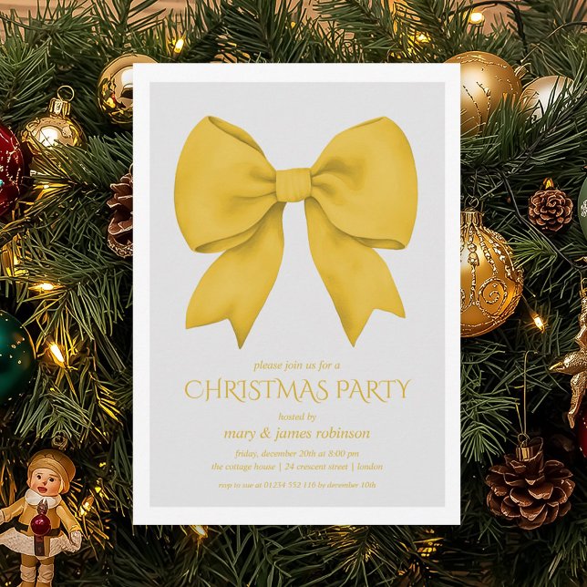 Invitación Elegante fiesta de feriado de Navidades de Gold Bo (Elegant Gold Bow Christmas Holiday Party Invitation)