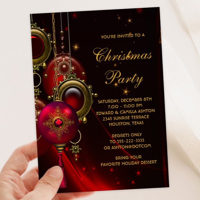 Invitación Elegante fiesta de feriado de Navidades de oro roj (Beautiful red gold ornaments Christmas party invitation. Available for instant download and print.)