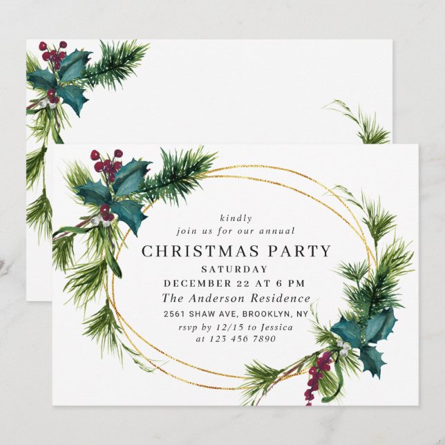 Invitación Elegante fiesta de feriado de Navidades de Pine Ho (Anverso / Reverso)