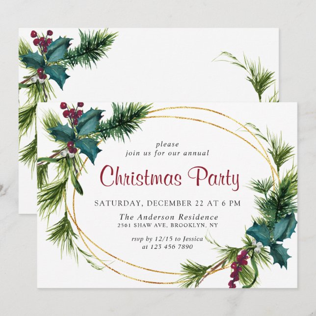 Invitación Elegante fiesta de feriado de Navidades de Pine Ho (Anverso / Reverso)