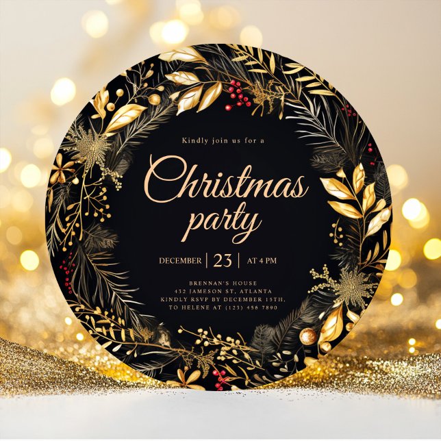 Invitación Elegante fiesta de feriado de Navidades elegantes  (Stylish Black Gold Elegant Christmas Holiday Party Invitation)