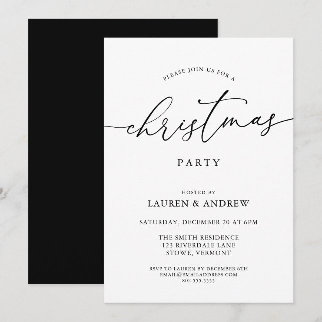 Invitación Elegante fiesta de feriado de Navidades negros (Anverso / Reverso)