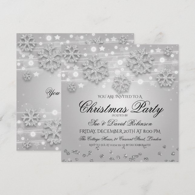Invitación Elegante fiesta de feriado de Navidades plateados (Anverso / Reverso)