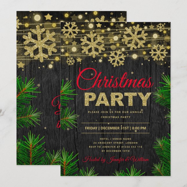 Invitación Elegante fiesta de feriado de Navidades Purpurinas (Anverso / Reverso)