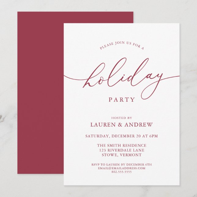 Invitación Elegante fiesta de feriado de Navidades rojos (Anverso / Reverso)