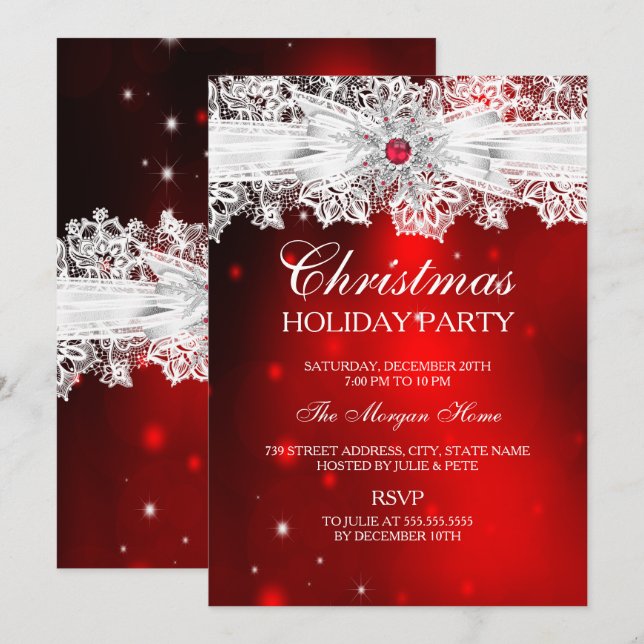 Invitación Elegante fiesta de feriado de Navidades rojos en e (Anverso / Reverso)