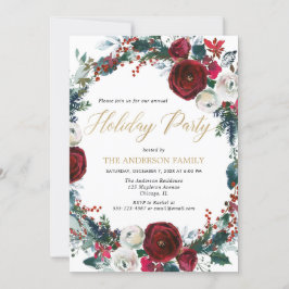 Invitación Elegante fiesta de feriado floral de oro burdeos