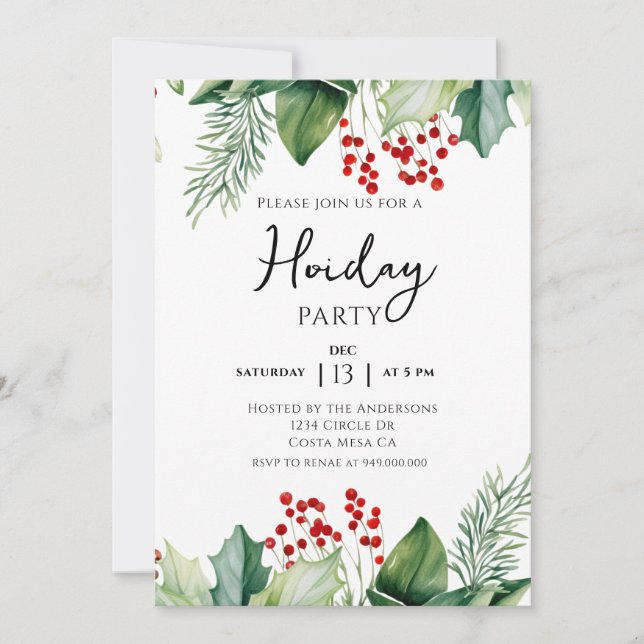Invitación Elegante fiesta de feriado Holly Berries (Anverso)