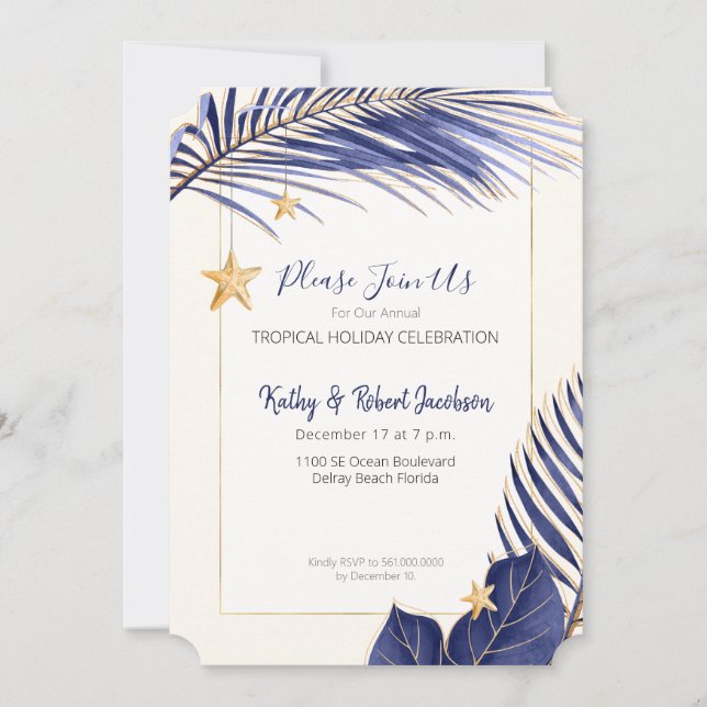 Invitación Elegante fiesta de feriado tropical azul y oro de  (Anverso)