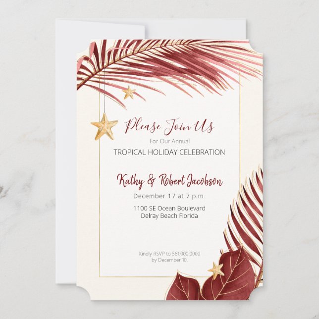 Invitación Elegante fiesta de feriado tropical de Borgoña y O (Anverso)