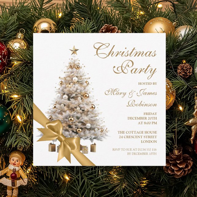 Invitación Elegante Fiesta de Fiestas de Oro y Árbol de Navid (Elegant Gold Christmas Tree & Bow Holiday Party Invitation)