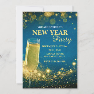 Invitación Elegante Fiesta de Fin de Año en Dorado y Azul
