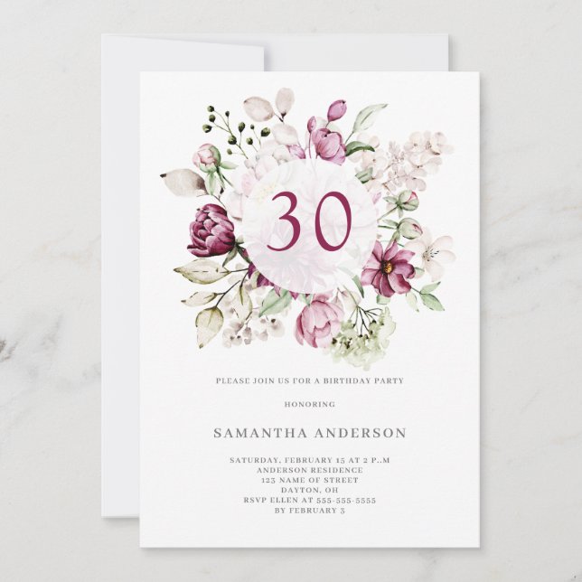 Invitación Elegante Fiesta de Floral Rosa 30 cumpleaños (Anverso)