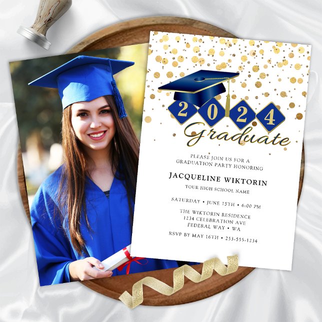 Invitación Elegante Fiesta de fotografía de graduación de oro (Classic Blue Gold Graduation Photo Party Invitation)