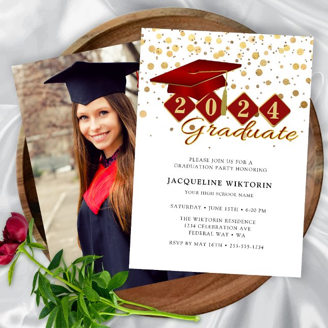 Invitación Elegante Fiesta de fotografía de graduación de oro (Elegant Red Gold Graduation Photo Party Invitation)