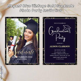 Invitación Elegante Fiesta de fotografía graduado en oro azul