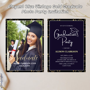 Invitación Elegante Fiesta de fotografía graduado en oro azul