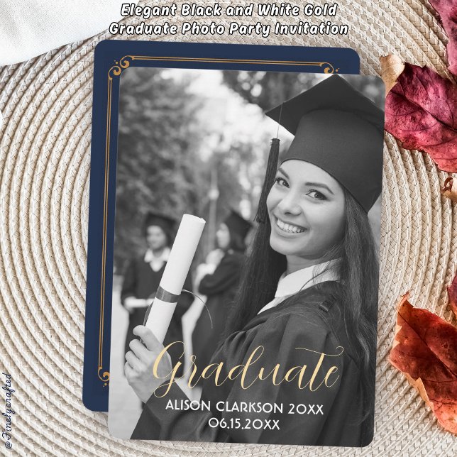 Invitación Elegante Fiesta de fotografía graduado en Oro Blan (Subido por el creador)