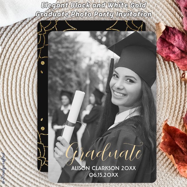 Invitación Elegante Fiesta de fotografía graduado en Oro Blan (Subido por el creador)