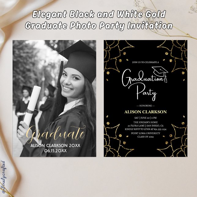 Invitación Elegante Fiesta de fotografía graduado en Oro Blan (Subido por el creador)