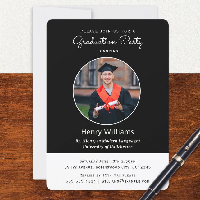 Invitación Elegante Fiesta de Fotos de Graduación Universitar (An invitation template for a graduation party, to personalize with your own custom photos and text)