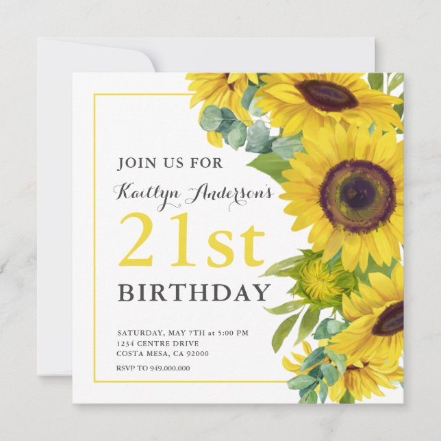 Invitación Elegante Fiesta de Girasol 21ª BIrthday (Anverso)