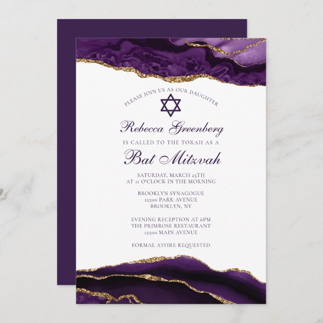 Invitación Elegante Fiesta de Glamur Morado de Oro Glam Bat M (Anverso / Reverso)
