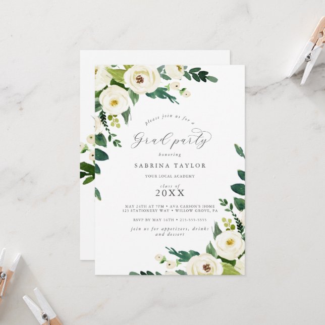 Invitación Elegante Fiesta de Grado Floral Blanco (Anverso/Reverso In Situ)