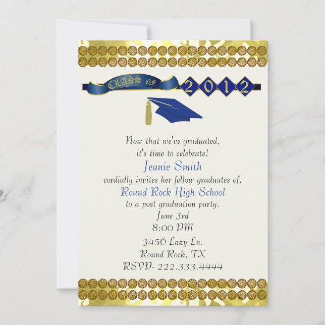 Invitación Elegante fiesta de graduación azul y oro (Anverso)