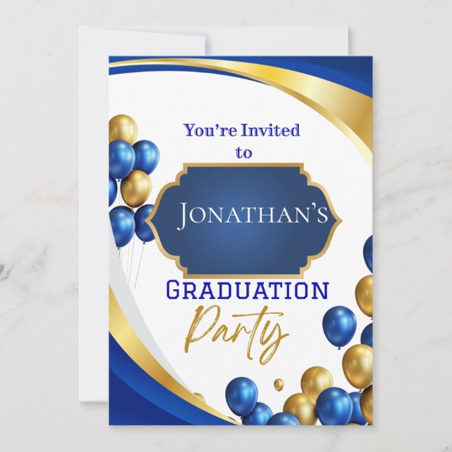 Invitación Elegante fiesta de graduación azul y oro (Anverso)