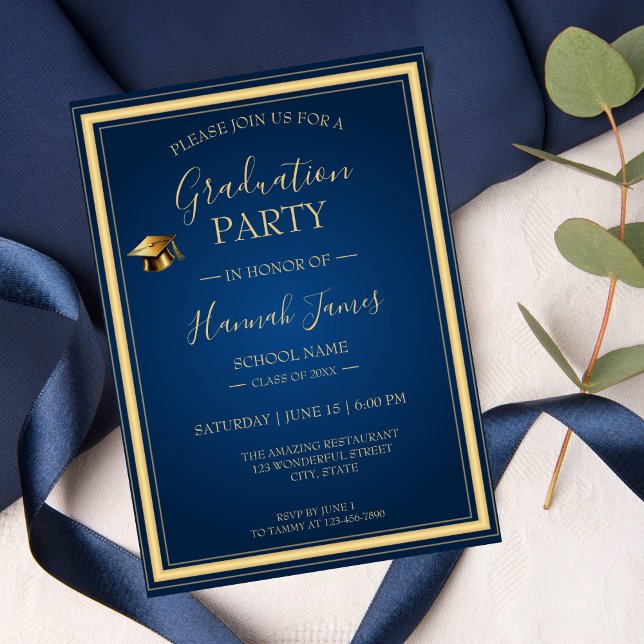 Invitación Elegante fiesta de graduación azul y oro (Subido por el creador)