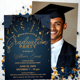 Invitación Elegante fiesta de graduación azul y oro con foto