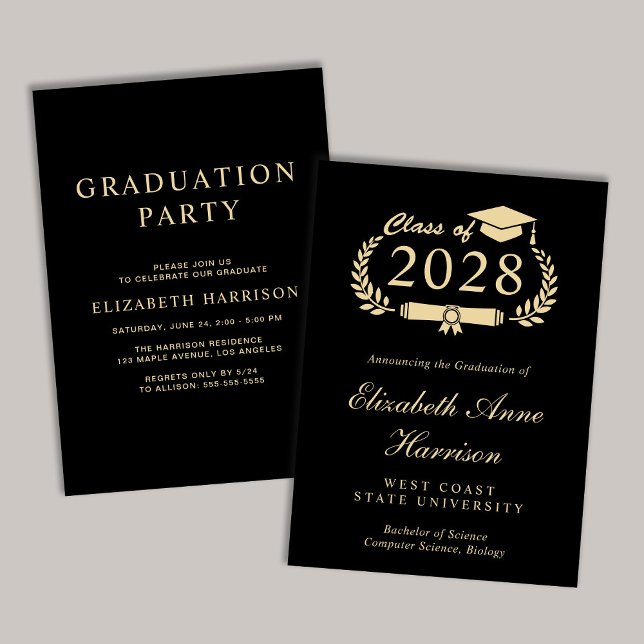 Invitación Elegante Fiesta de Graduación de Black College (An elegant college graduation party invitation to celebrate the graduate's achievements)