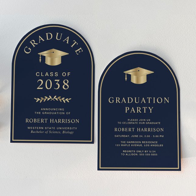 Invitación Elegante Fiesta de Graduación de Blue Gold College (An elegant arch-shaped college graduation party invitation to celebrate the graduate's achievements)