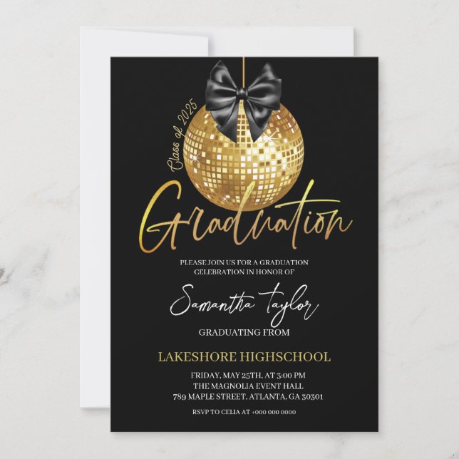 Invitación Elegante fiesta de graduación de bola disco (Anverso)