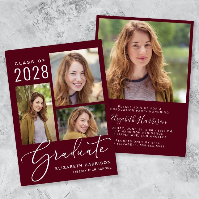 Invitación Elegante fiesta de graduación de Borgoña Collage d (An elegant photo collage graduation party invitation to celebrate the graduate's achievements)