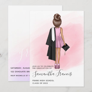 Invitación Elegante fiesta de graduación de Chica rosa y marr