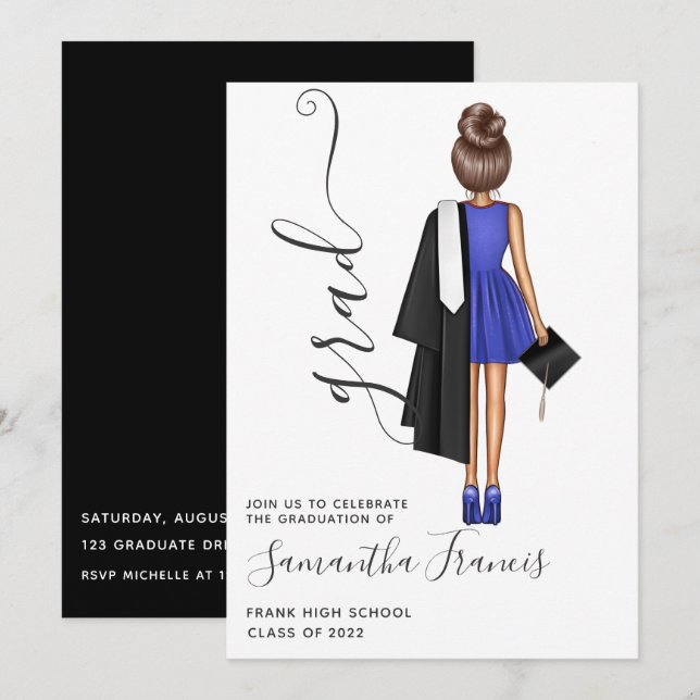 Invitación Elegante fiesta de graduación de Chicas azules y b (Anverso / Reverso)